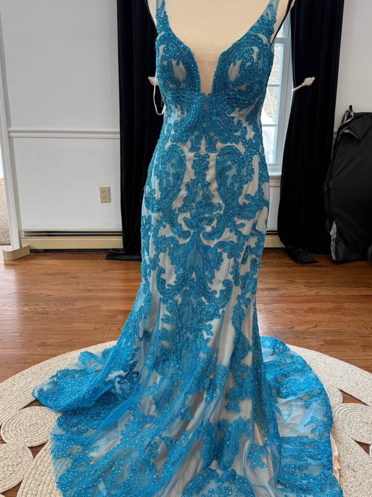 Turquoise Beaded Lace Mermaid Gown